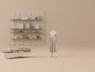 Minimal fall winter fashion display with neutral coats and sweaters, beige clothing rack in modern boutique interior 3d render