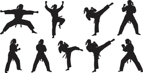 Martial arts silhouette poses, black and white vector, karate kick stance, traditional uniform illustration, combat training movement, discipline and strength artwork