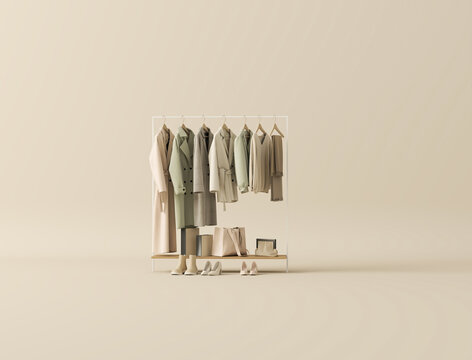 Minimal fall winter fashion display with neutral coats and sweaters, beige clothing rack in modern boutique interior 3d render