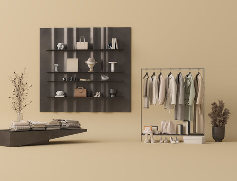 Minimal winter fashion display with neutral coats and sweaters, beige clothing rack in modern boutique interior 3d render
