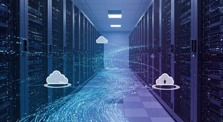 Secure cloud data transfer in a modern data center, highlighting reliable connectivity and digital network solutions for global business, promoting trust and streamlined IT infrastructure