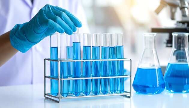 Scientist handling test tubes with blue liquid