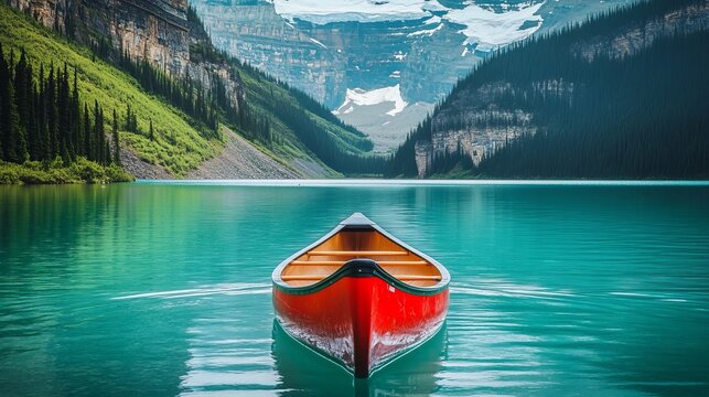 Peaceful canoe floating on turquoise lake louise in alberta canada
