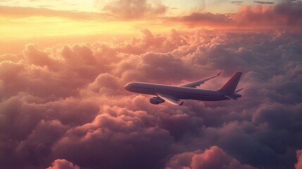 Commercial airplane jetliner soaring above dramatic clouds in golden light, travel and aviation concept