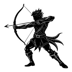 Black silhouette of a warrior archer drawing a bow arrow