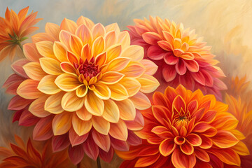 Vibrant dahlia flowers in warm tones floral art composition