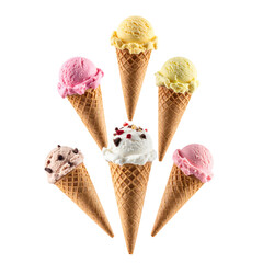Colorful scoops waffle cone splash, vibrant ice cream, raspberry garnish, mint leaf, isolated white background, playful dessert, summer treat.