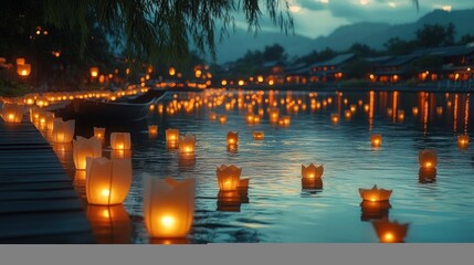 Glowing lanterns floating on calm water near wooden dock at dusk with reflections and soft ambient light in serene riverside setting