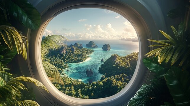 Airplane flying toward tropical paradise, concept of exotic travel adventure