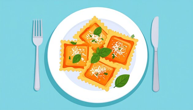 Animated illustration of a white plate with ravioli, and cutlery
