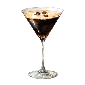 Watercolor illustration of espresso martini cocktail with coffee beans in elegant glass isolated on transparent background