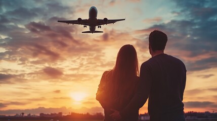 Romantic couple watching airplane fly overhead at sunset, dreamy travel moment filled with love and wanderlust