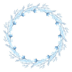 A wreath of blue plant branches. Flowers, buds. Winter plants. Watercolor.