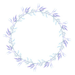 A wreath of blue plant branches. Flowers, buds. Winter plants. Watercolor.