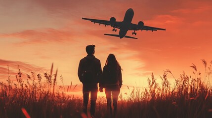 Romantic couple watching airplane fly overhead at sunset, dreamy travel moment filled with love and wanderlust