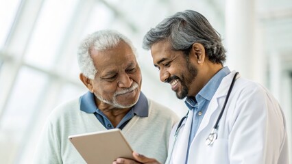 Senior Indian patient reviewing diagnostics with doctor on tablet — symbolizing compassion and support