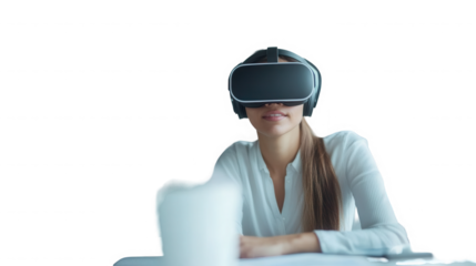 A woman wearing a vr headset sitting at a table with a white object in front of her  on transparent background