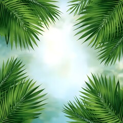 Fototapeta premium Tropical palm leaf frame with sunlight and blue sky background, vibrant green jungle foliage border creating natural summer atmosphere, lush rainforest greenery and exotic paradise vibe for design or 