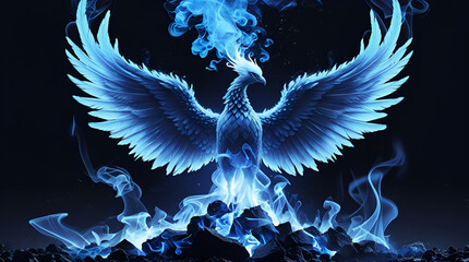 A highly detailed digital artwork of a majestic blue phoenix rising from glowing smoke and embers. The surreal fantasy scene features powerful wings and electric blue flames, symbolizing rebirth.