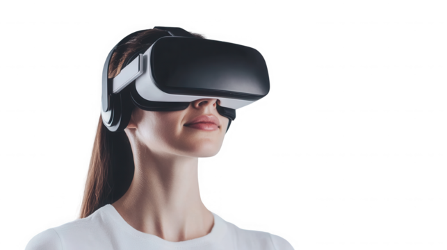 Woman wearing a vr headset with a white shirt  looking up and smiling slightly on transparent background