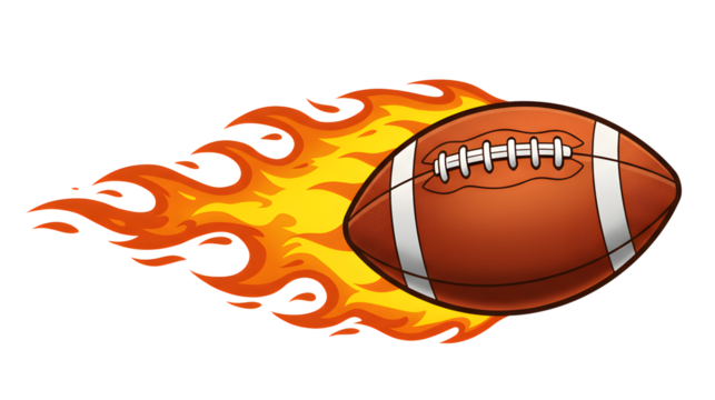 american football ball flaming fire isolated on transparent cutout background, cut out, png
