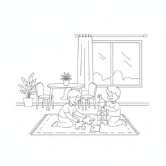 A happy girl and boy playing with a jigsaw puzzle and building blocks on a rug in a living room