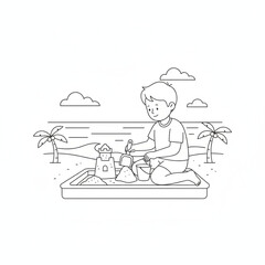 Fototapeta premium Black and White Line Art of a Young Boy Kneeling in a Sandbox, Building a Sandcastle on a Beach with Palm Trees and Clouds in the Background