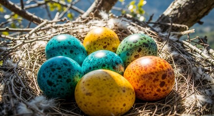 colorful easter eggs in nest
