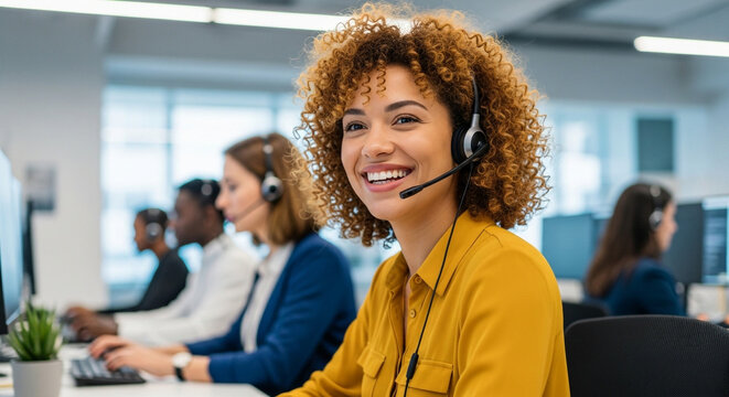 Friendly african american woman working in a call center with colleagues in the background smiling at camera