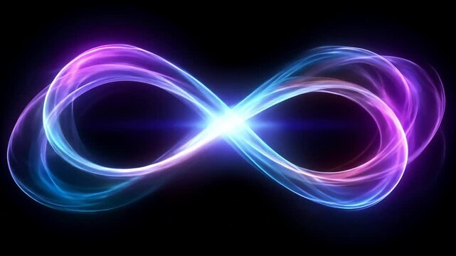 Abstract infinity symbol with glowing neon lights on a black background