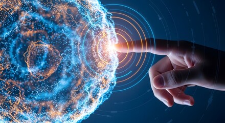Human finger touching digital globe with glowing network and data streams
