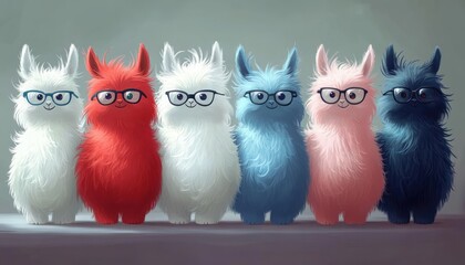 Six colorful fluffy llamas standing side by side wearing black glasses with a calm and whimsical expression against a neutral background