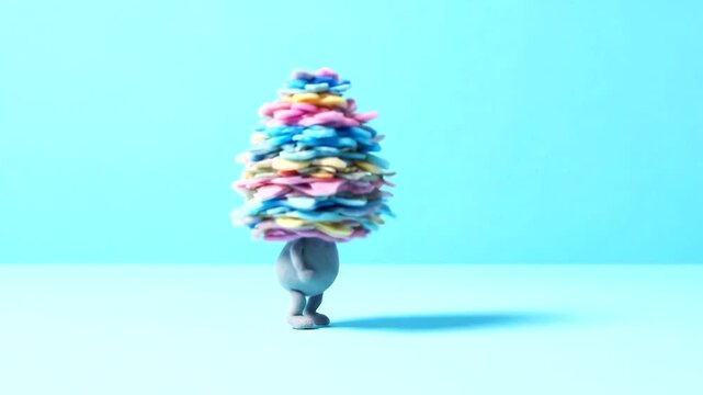 Whimsical Character with Colorful Ice Cream Cone Hat on Blue Background.