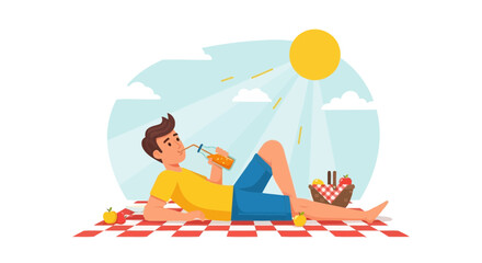 Man enjoying a drink on a picnic, sunny day with blue sky and a lovely summer vibe feeling