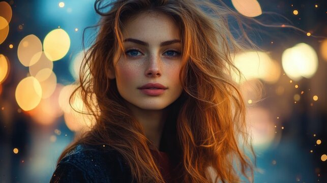 Close-up of a young woman with long red hair and blue eyes looking calmly at the camera with blurred city lights in the background at dusk