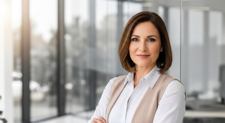Confident businesswoman with arms crossed standing in front of a window in a modern office