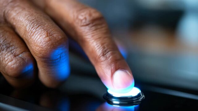 A human hand pressing a button, likely on a computer or electronic device.