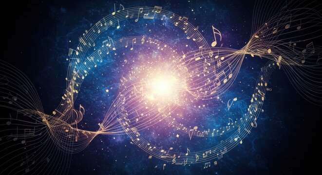 Celestial harmony music notes swirling in a cosmic nebula with golden light