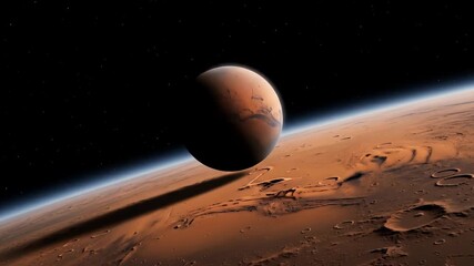 View from space; a large red planet hangs over a cratered, ochre-hued planetary surface - Powered by Adobe
