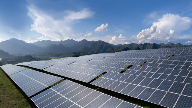 Solar panels in a scenic mountainous area under a clear sky