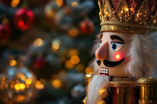 Festive Holiday Decor Close-Up of a Regal Nutcracker with Decorated Tree and Bokeh Lights, Perfect for Seasonal Celebrations