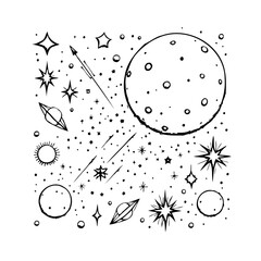 Celestial Symphony: A whimsical monochrome illustration featuring planets stars and cosmic dust © Arum
