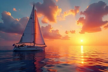 Majestic Sailboat at Sunset Tranquil Ocean Voyage, Serenity and Golden Light