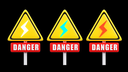 3D rendering of high voltage sign in triangle shape, danger warning, electric shock caution sign