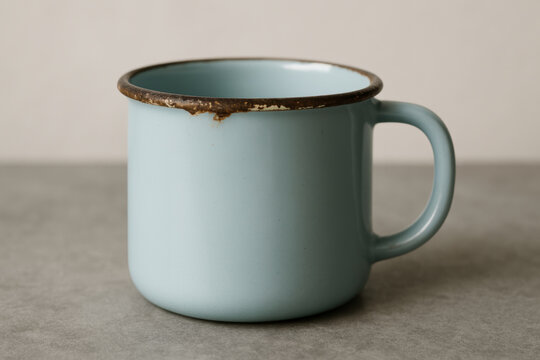Vintage blue enamel mug with chipped rim on gray tabletop, minimalist rustic kitchenware, worn metal finish, empty cup closeup - Powered by Adobe