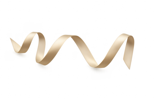 Golden satin ribbon swirling design element on transparent background