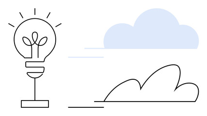 Light bulb with plant inside symbolizing eco-friendly innovation alongside cloud and minimal elements. Ideal for sustainability, energy, nature, innovation, technology, environment, and clean energy