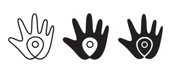 Hand with location pin icons. isolated on white background.
