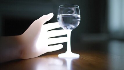 Intriguing video clip of a hand reaching towards a glass of crystal clear water, suggesting thirst, purity, and a refreshing moment