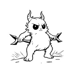 Cute horned creature illustration wielding miniature axes on white stands on grassy patch a